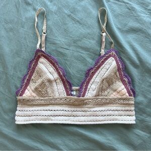 Free People Crochet Lace Bralette | Festival Top | Cream and Purple Neutral
